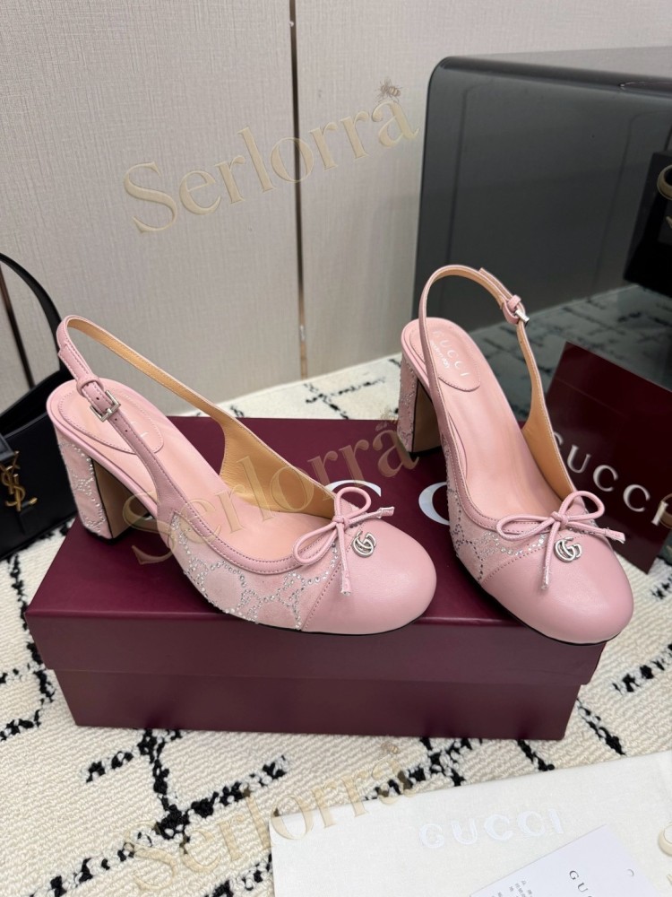 GUCCI DOUBLE G BOW CRYSTAL CANVAS PATENT LEATHER SLINGBACK PUMPS