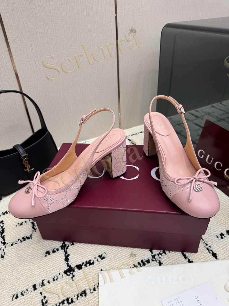 GUCCI DOUBLE G BOW CRYSTAL CANVAS PATENT LEATHER SLINGBACK PUMPS