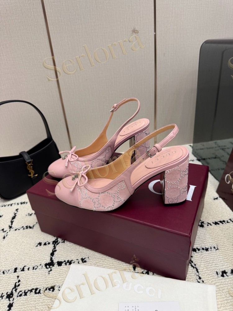 GUCCI DOUBLE G BOW CRYSTAL CANVAS PATENT LEATHER SLINGBACK PUMPS