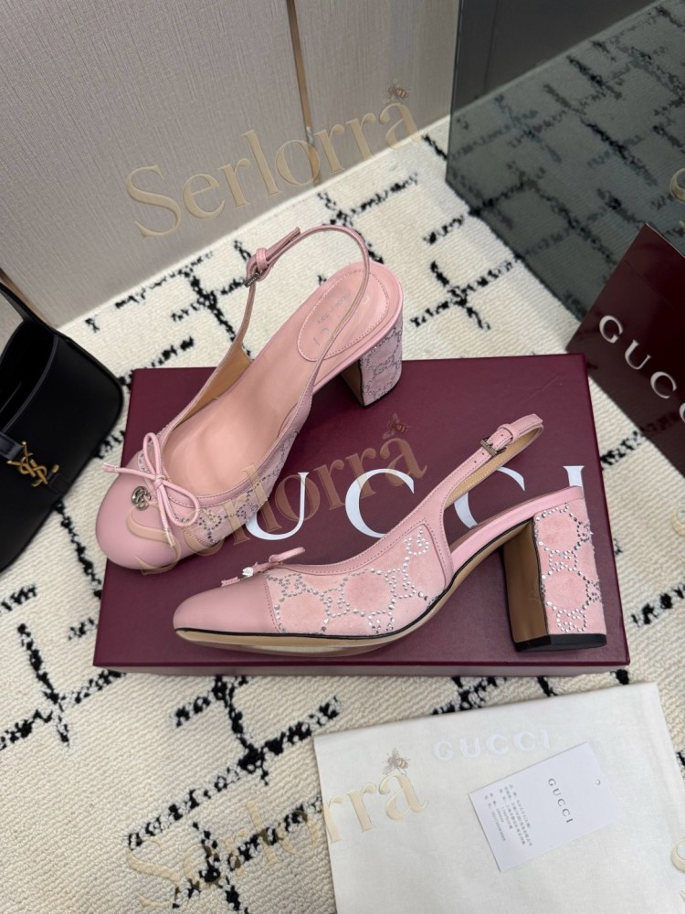 GUCCI DOUBLE G BOW CRYSTAL CANVAS PATENT LEATHER SLINGBACK PUMPS