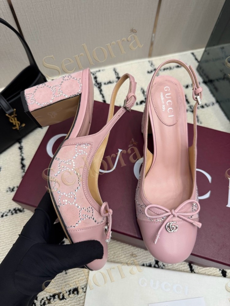 GUCCI DOUBLE G BOW CRYSTAL CANVAS PATENT LEATHER SLINGBACK PUMPS