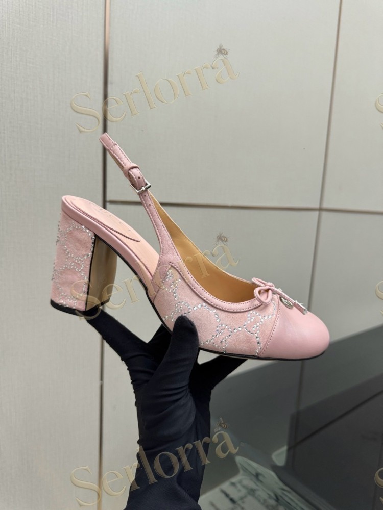GUCCI DOUBLE G BOW CRYSTAL CANVAS PATENT LEATHER SLINGBACK PUMPS