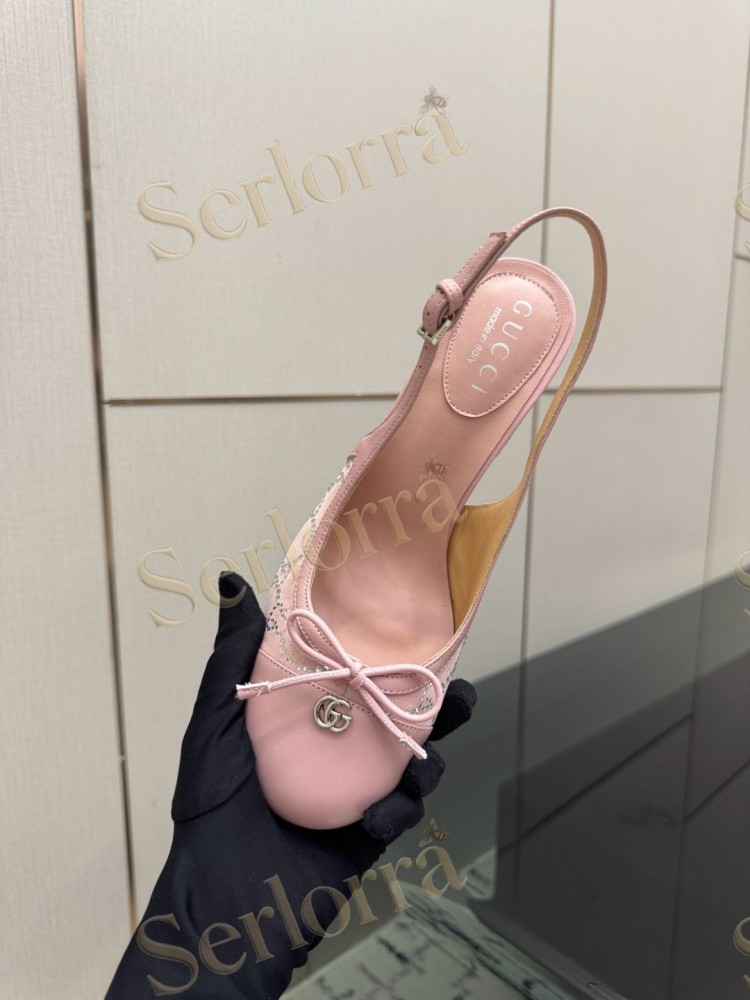 GUCCI DOUBLE G BOW CRYSTAL CANVAS PATENT LEATHER SLINGBACK PUMPS