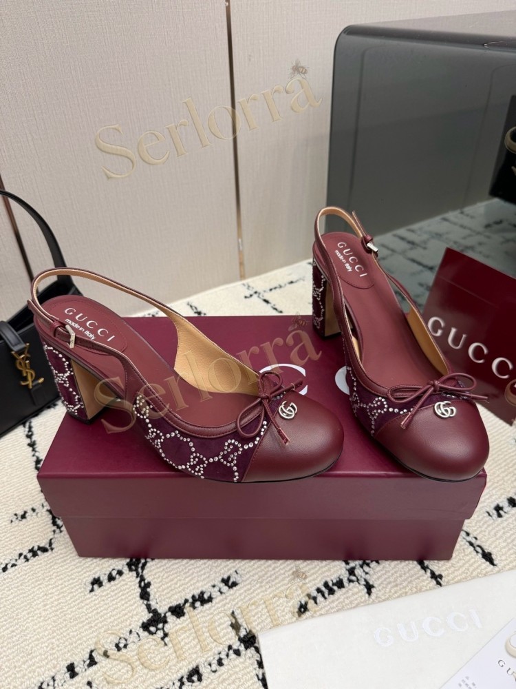 GUCCI DOUBLE G BOW CRYSTAL CANVAS PATENT LEATHER SLINGBACK PUMPS