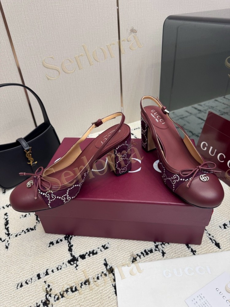 GUCCI DOUBLE G BOW CRYSTAL CANVAS PATENT LEATHER SLINGBACK PUMPS