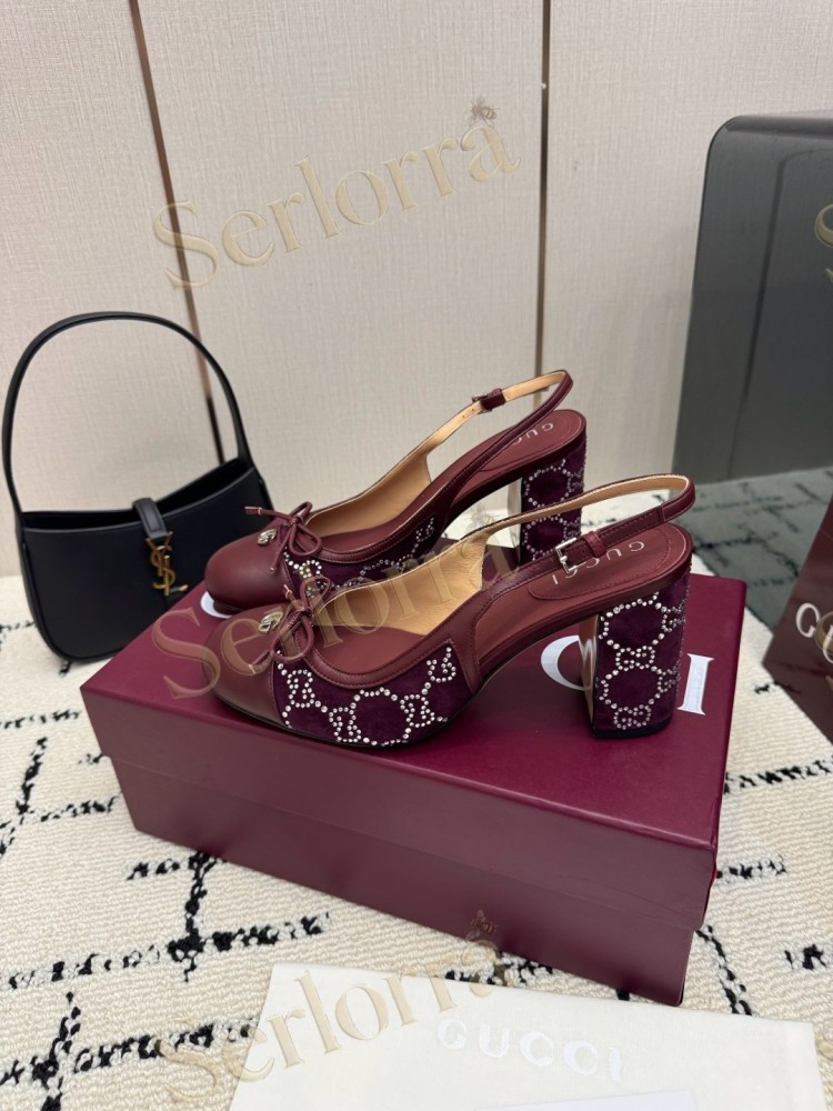 GUCCI DOUBLE G BOW CRYSTAL CANVAS PATENT LEATHER SLINGBACK PUMPS