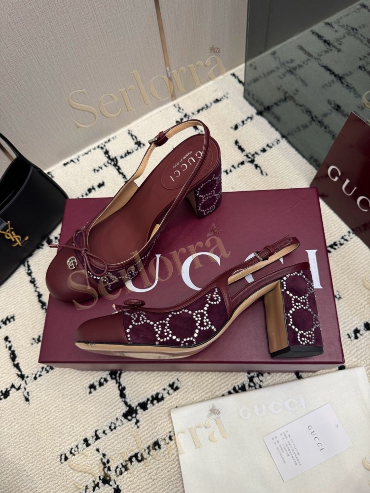 GUCCI DOUBLE G BOW CRYSTAL CANVAS PATENT LEATHER SLINGBACK PUMPS