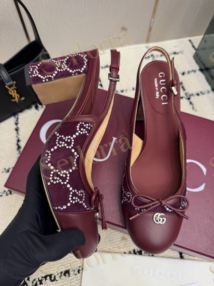 GUCCI DOUBLE G BOW CRYSTAL CANVAS PATENT LEATHER SLINGBACK PUMPS
