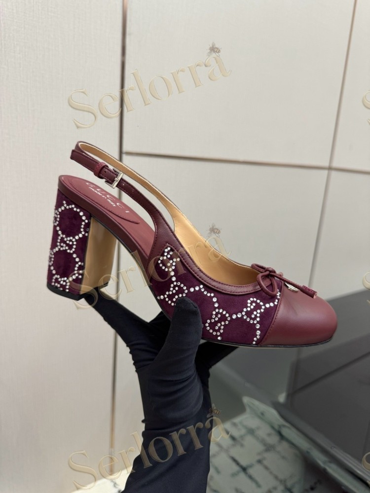 GUCCI DOUBLE G BOW CRYSTAL CANVAS PATENT LEATHER SLINGBACK PUMPS