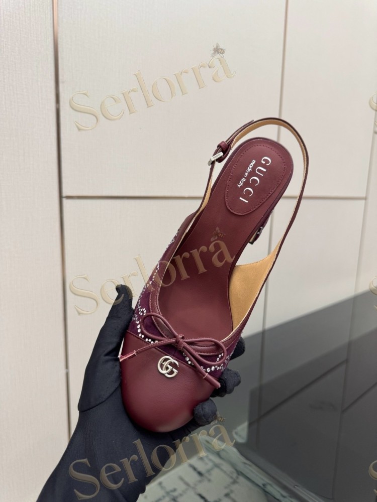 GUCCI DOUBLE G BOW CRYSTAL CANVAS PATENT LEATHER SLINGBACK PUMPS