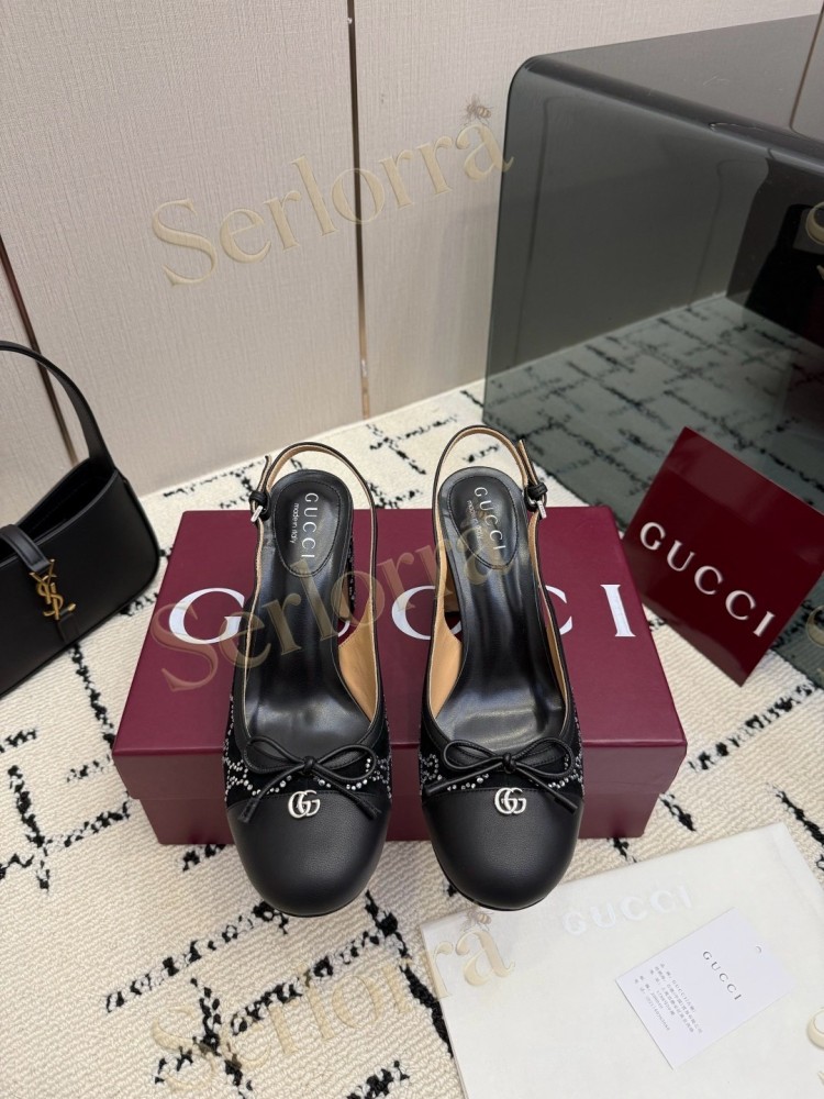 GUCCI DOUBLE G BOW CRYSTAL CANVAS PATENT LEATHER SLINGBACK PUMPS