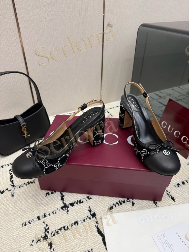 GUCCI DOUBLE G BOW CRYSTAL CANVAS PATENT LEATHER SLINGBACK PUMPS