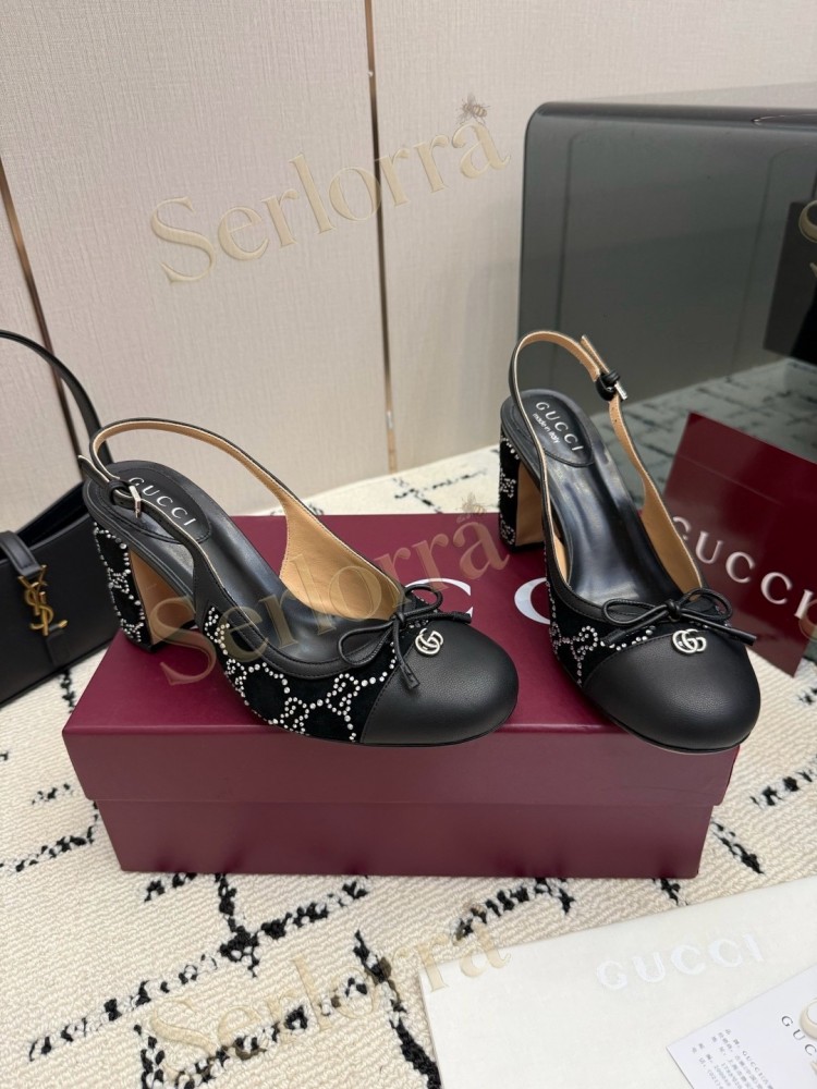 GUCCI DOUBLE G BOW CRYSTAL CANVAS PATENT LEATHER SLINGBACK PUMPS