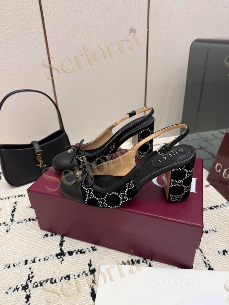 GUCCI DOUBLE G BOW CRYSTAL CANVAS PATENT LEATHER SLINGBACK PUMPS