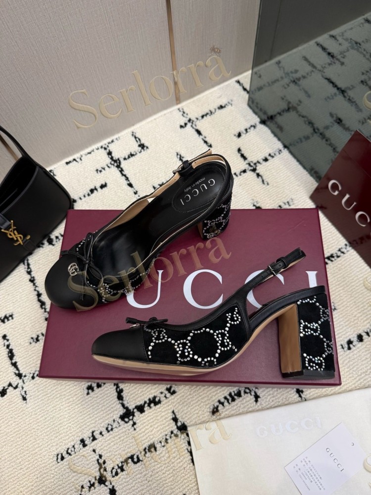 GUCCI DOUBLE G BOW CRYSTAL CANVAS PATENT LEATHER SLINGBACK PUMPS