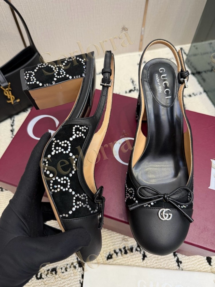 GUCCI DOUBLE G BOW CRYSTAL CANVAS PATENT LEATHER SLINGBACK PUMPS