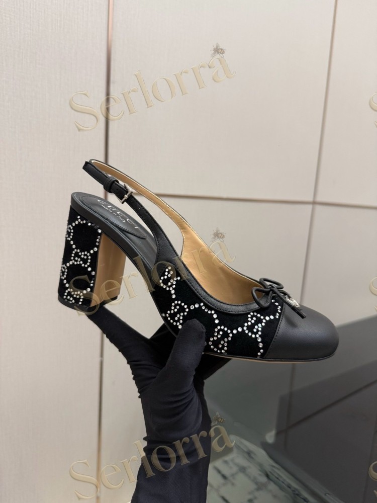 GUCCI DOUBLE G BOW CRYSTAL CANVAS PATENT LEATHER SLINGBACK PUMPS