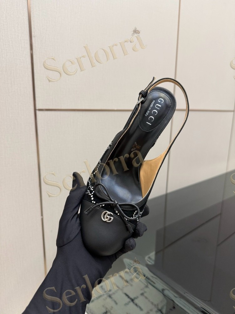 GUCCI DOUBLE G BOW CRYSTAL CANVAS PATENT LEATHER SLINGBACK PUMPS