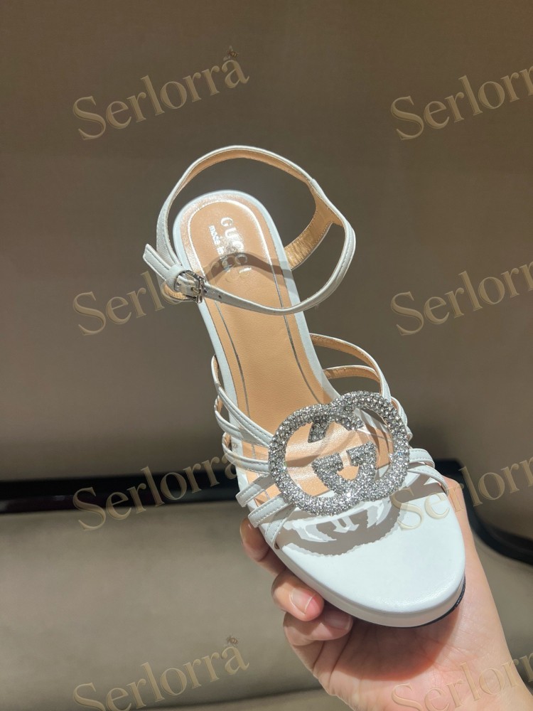 GUCCI CRYSTAL INTERLOCKING G STRAPPY ANKLE STRAP SANDALS