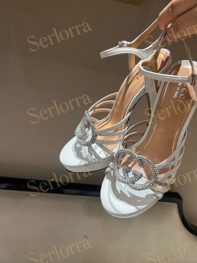 GUCCI CRYSTAL INTERLOCKING G STRAPPY ANKLE STRAP SANDALS