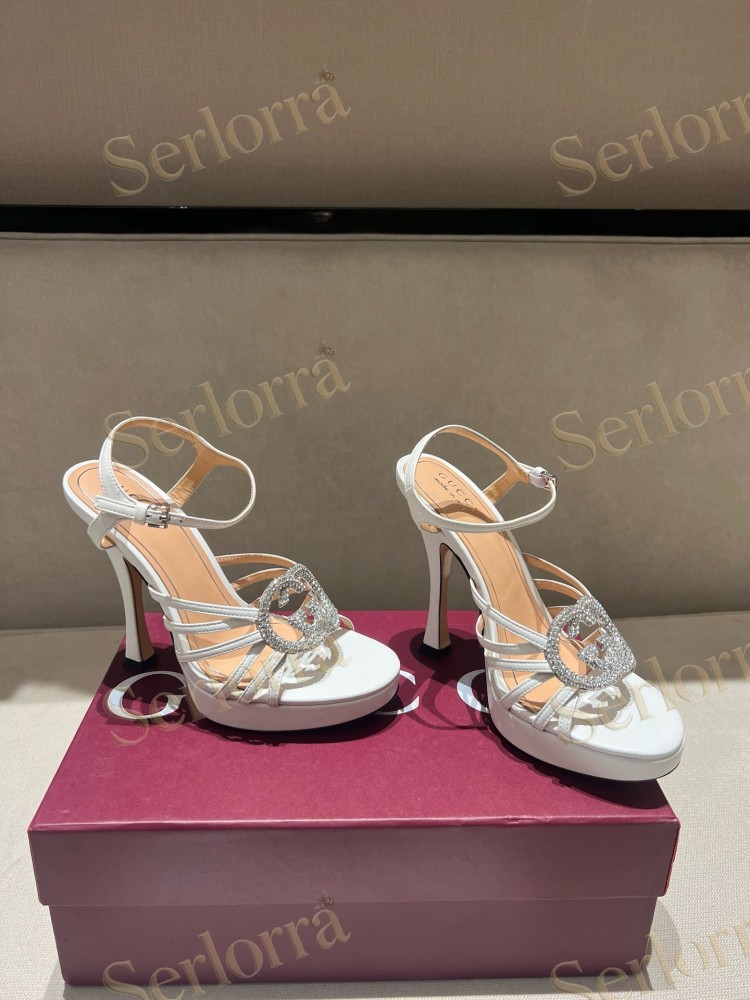 GUCCI CRYSTAL INTERLOCKING G STRAPPY ANKLE STRAP SANDALS