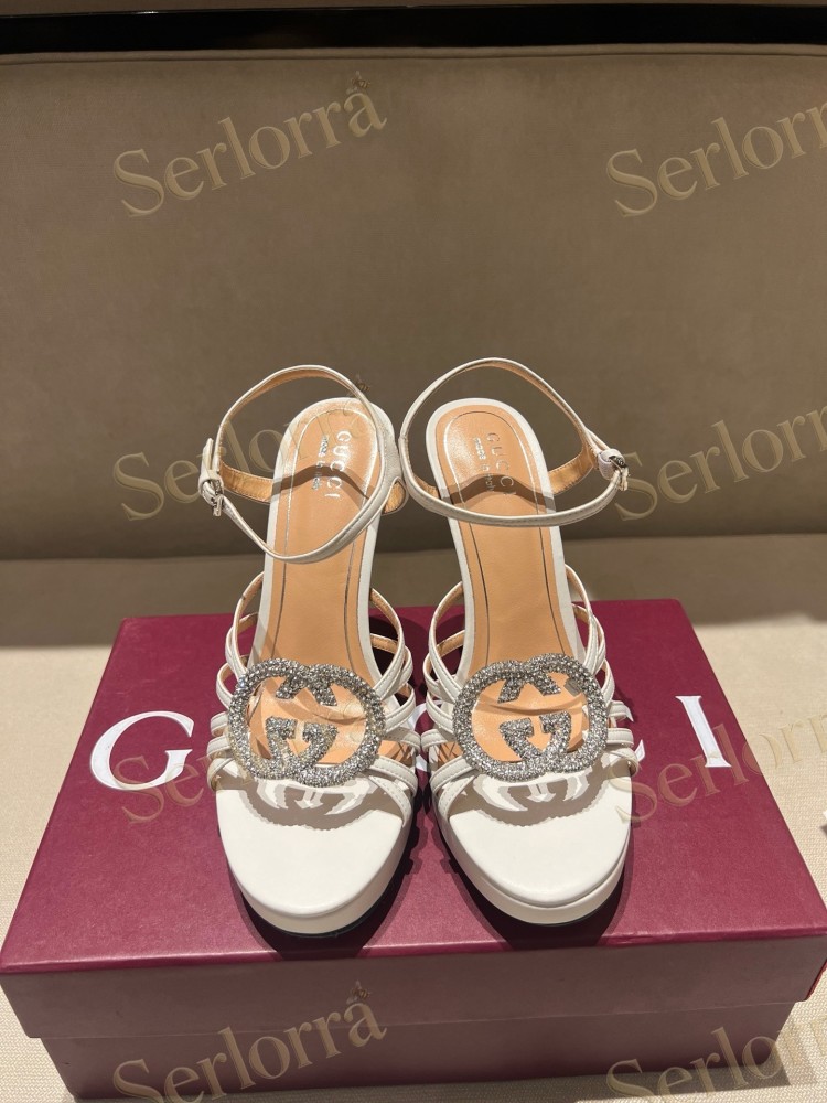 GUCCI CRYSTAL INTERLOCKING G STRAPPY ANKLE STRAP SANDALS