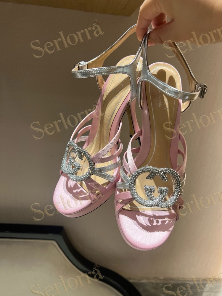GUCCI CRYSTAL INTERLOCKING G STRAPPY ANKLE STRAP SANDALS