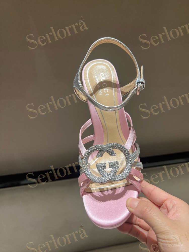 GUCCI CRYSTAL INTERLOCKING G STRAPPY ANKLE STRAP SANDALS