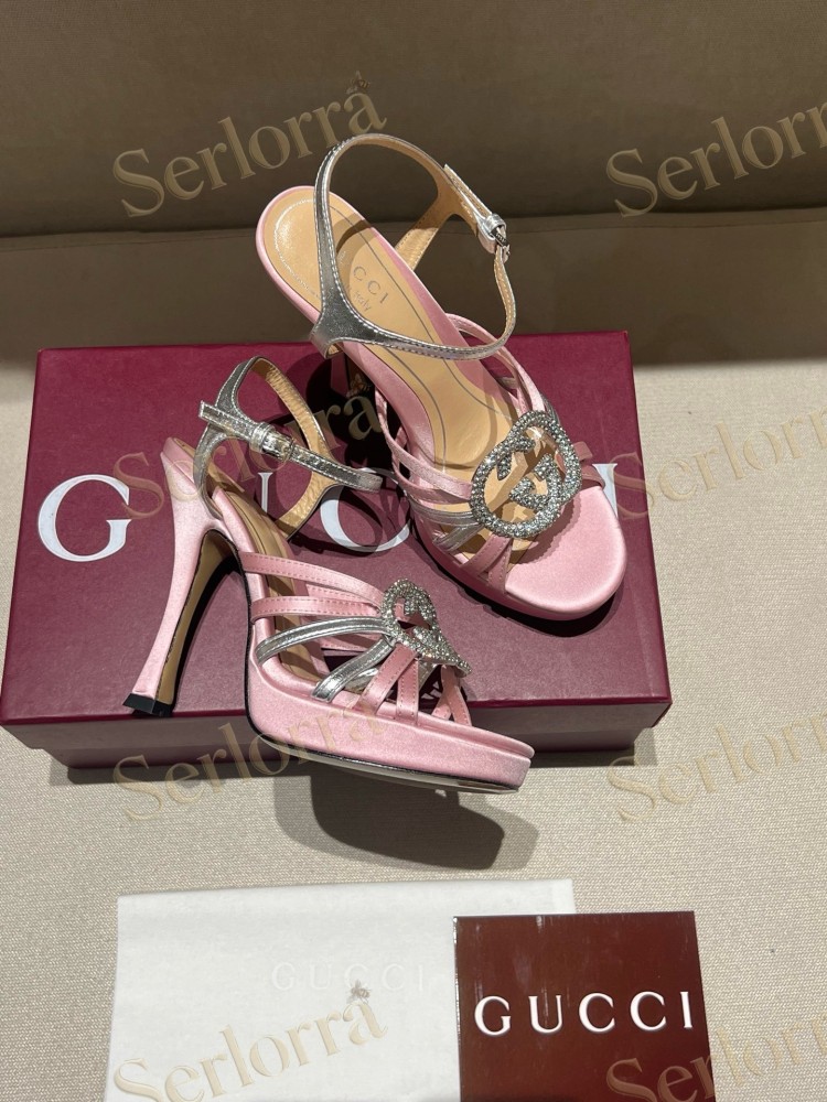 GUCCI CRYSTAL INTERLOCKING G STRAPPY ANKLE STRAP SANDALS
