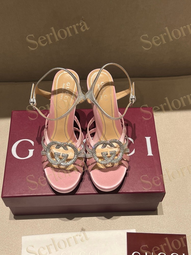 GUCCI CRYSTAL INTERLOCKING G STRAPPY ANKLE STRAP SANDALS