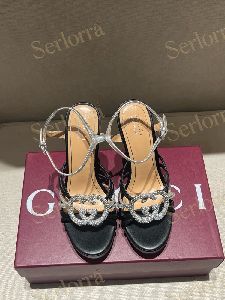 GUCCI CRYSTAL INTERLOCKING G STRAPPY ANKLE STRAP SANDALS