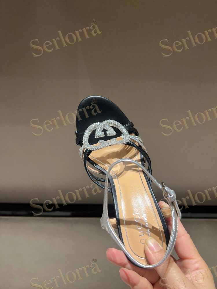 GUCCI CRYSTAL INTERLOCKING G STRAPPY ANKLE STRAP SANDALS