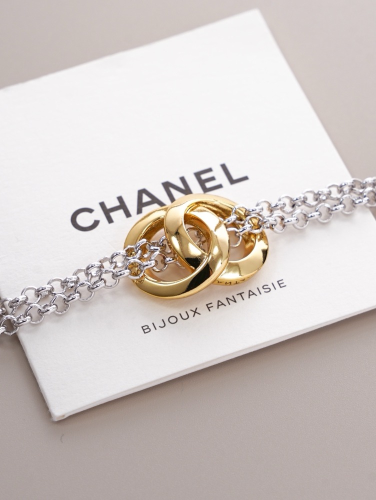 CHANEL TWO‑TONE INTERLOCKING DOUBLE‑RING DOUBLE CHAIN BRACELET