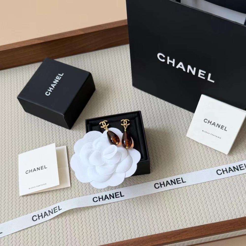 CHANEL CC LOGO TEARDROP TIGER'S‑EYE DROP EARRINGS