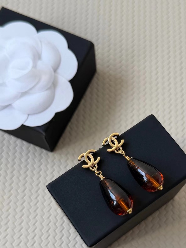 CHANEL CC LOGO TEARDROP TIGER'S‑EYE DROP EARRINGS