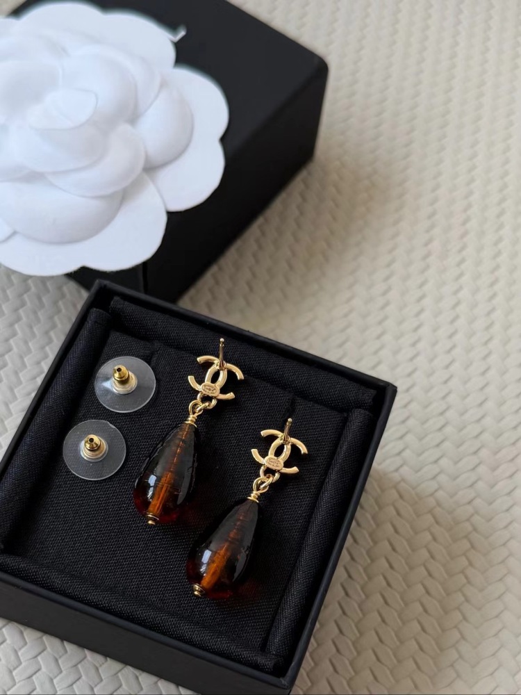 CHANEL CC LOGO TEARDROP TIGER'S‑EYE DROP EARRINGS