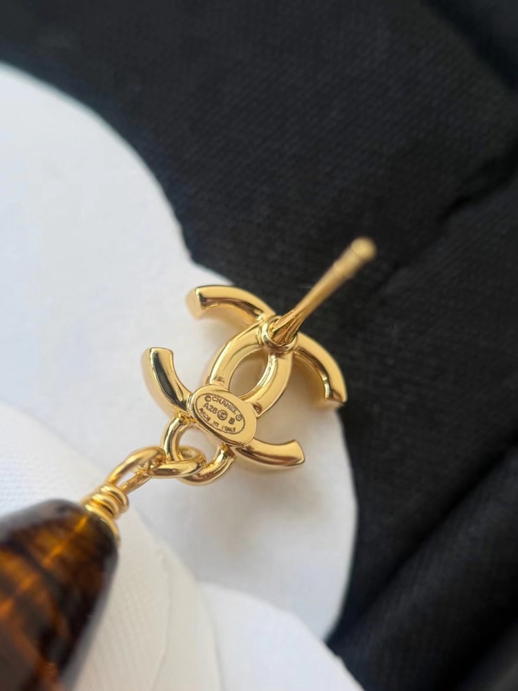CHANEL CC LOGO TEARDROP TIGER'S‑EYE DROP EARRINGS