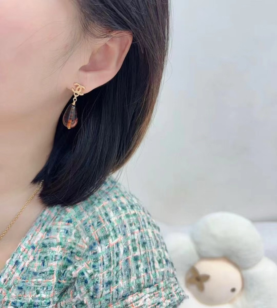 CHANEL CC LOGO TEARDROP TIGER'S‑EYE DROP EARRINGS