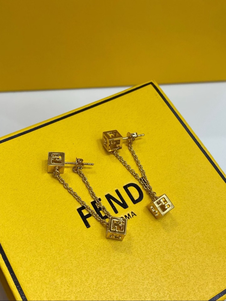 FENDI FF LOGO CUBE DOUBLE‑CHAIN DROP EARRINGS