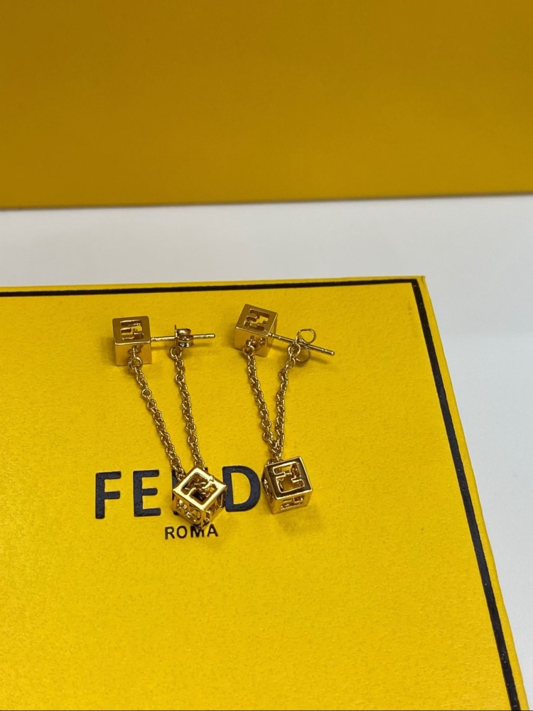 FENDI FF LOGO CUBE DOUBLE‑CHAIN DROP EARRINGS