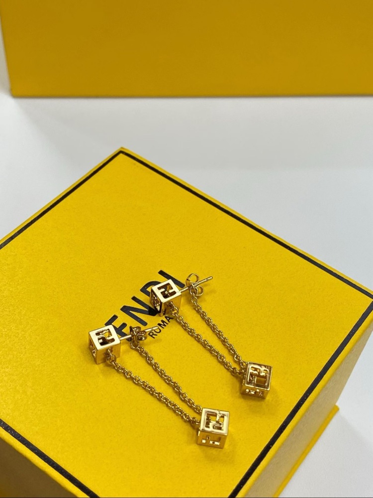 FENDI FF LOGO CUBE DOUBLE‑CHAIN DROP EARRINGS