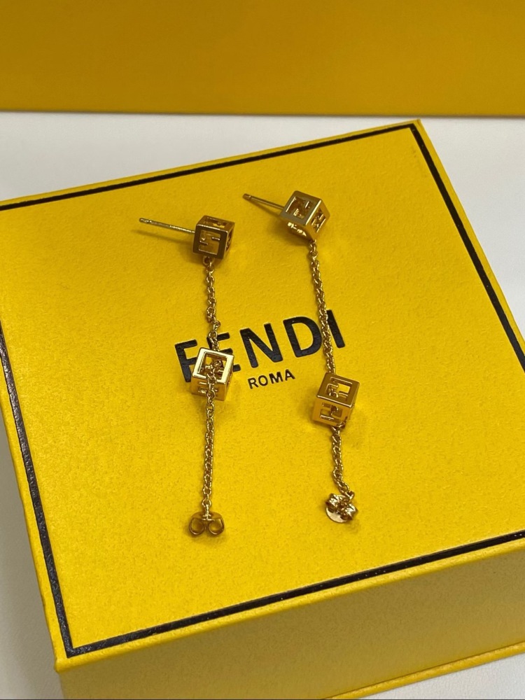 FENDI FF LOGO CUBE DOUBLE‑CHAIN DROP EARRINGS