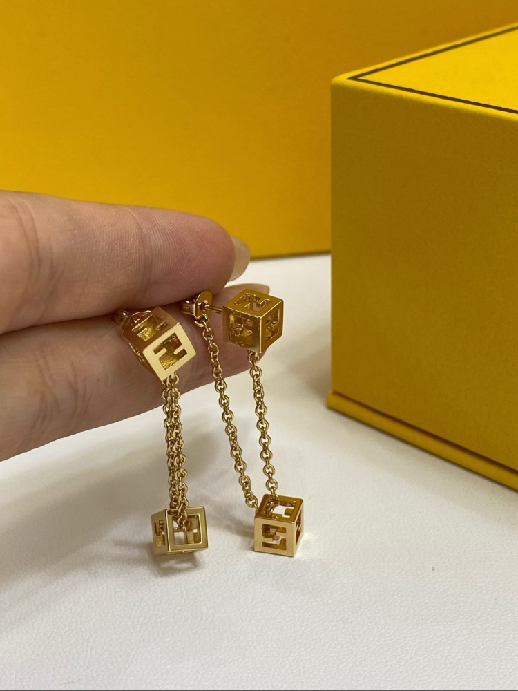 FENDI FF LOGO CUBE DOUBLE‑CHAIN DROP EARRINGS