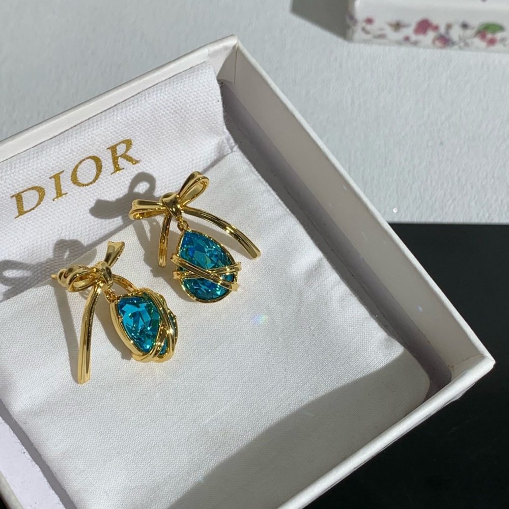 DIOR BOW TEARDROP CRYSTAL DROP EARRINGS, GOLD-TONE WITH AQUA BLUE STONE