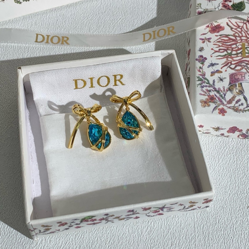 DIOR BOW TEARDROP CRYSTAL DROP EARRINGS, GOLD-TONE WITH AQUA BLUE STONE