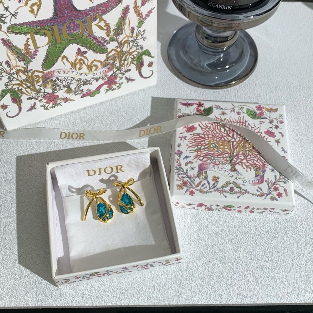 DIOR BOW TEARDROP CRYSTAL DROP EARRINGS, GOLD-TONE WITH AQUA BLUE STONE