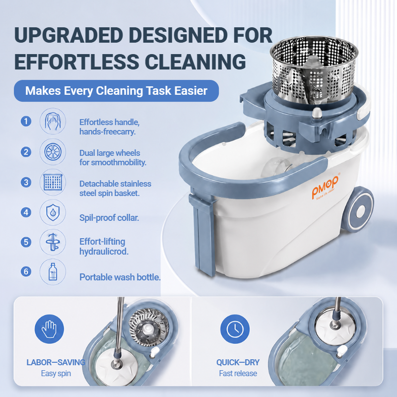 PMOP PREMIUM Mop With Spinner with 2 Wheel Smooth Glide and Cleaner Bottle Deep Clean Mop for Floor