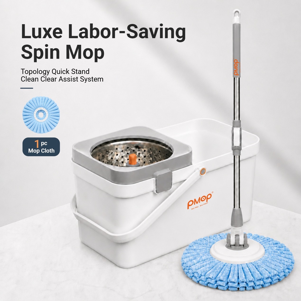 PMOP PREMIUM Spin Mop with Self Rotating Head and Absorbent Towel Cloth Labor-Saving Mop for Floor