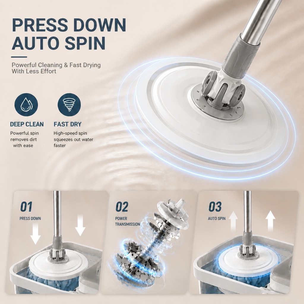 PMOP PREMIUM Spin Mop with Self Rotating Head and Absorbent Towel Cloth Labor-Saving Mop for Floor