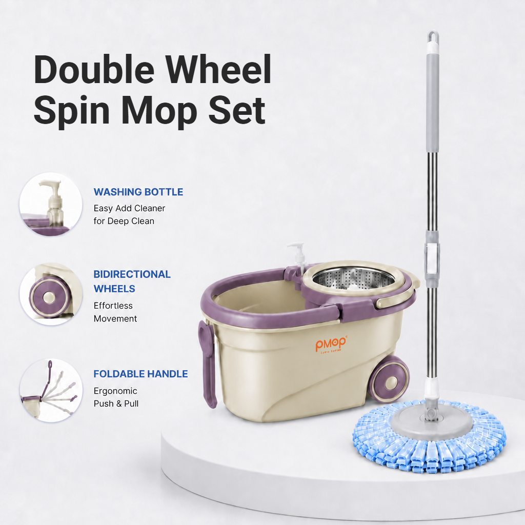 PMOP PREMIUM Mop With Spinner with 2 Wheel Smooth Glide and Cleaner Bottle Deep Clean Mop for Floor